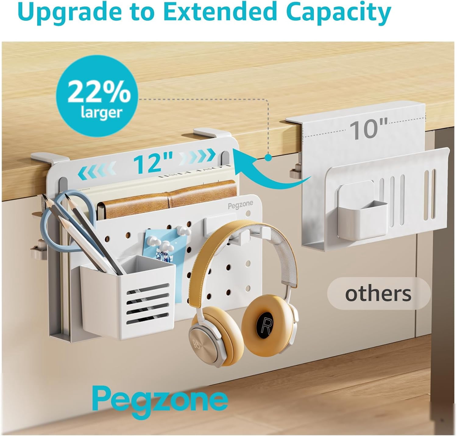 Desk Side Storage Organizer, Clamp-On Under Desk Laptop Holder with Pegboard Accessories, Hanging Shelf for Laptops/Tablets, Fits 0.4"–2.2" Desk Edge, White