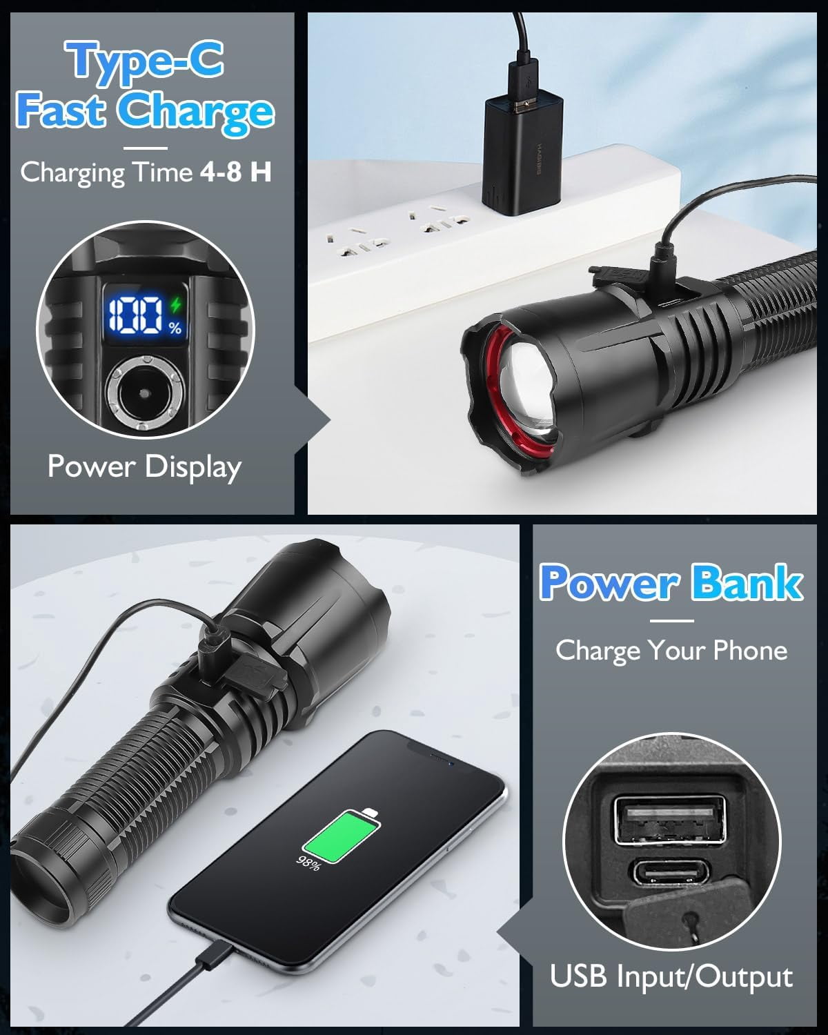 LED Flashlights, High Powered 10000 Lumens Super Bright Tactical Flashlight, Rechargeable, 5 Modes Zoomable Waterproof Flash Lights for Emergency, Outdoor, Home, Camping, Hiking