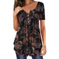thumbnail image 1 of ICHUANYI Clearance Women's Summer Printed Round Neck Button Pleated Short Sleeve Top(Black, M) ICHUANYI WER2023081403070, 1 of 5