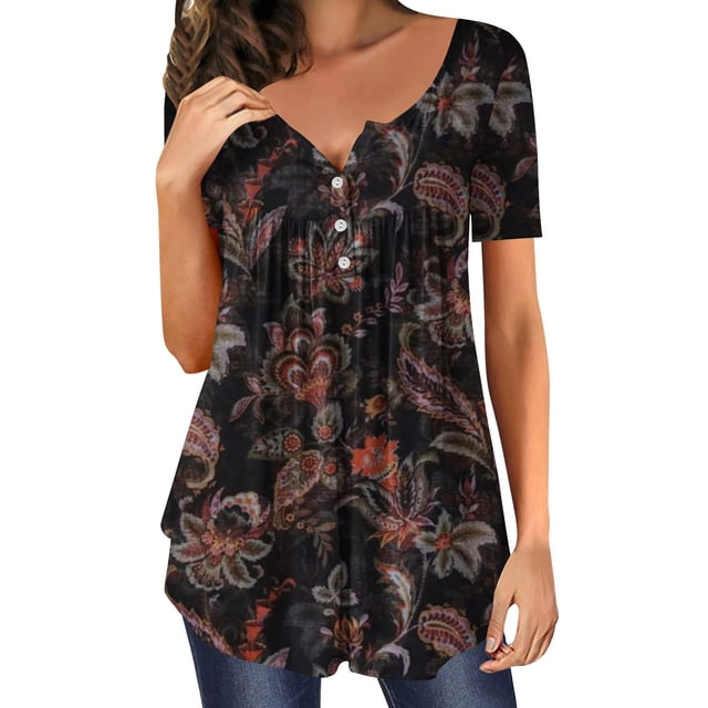 ICHUANYI Clearance Women's Summer Printed Round Neck Button Pleated Short Sleeve Top(Black, M) ICHUANYI WER2023081403070