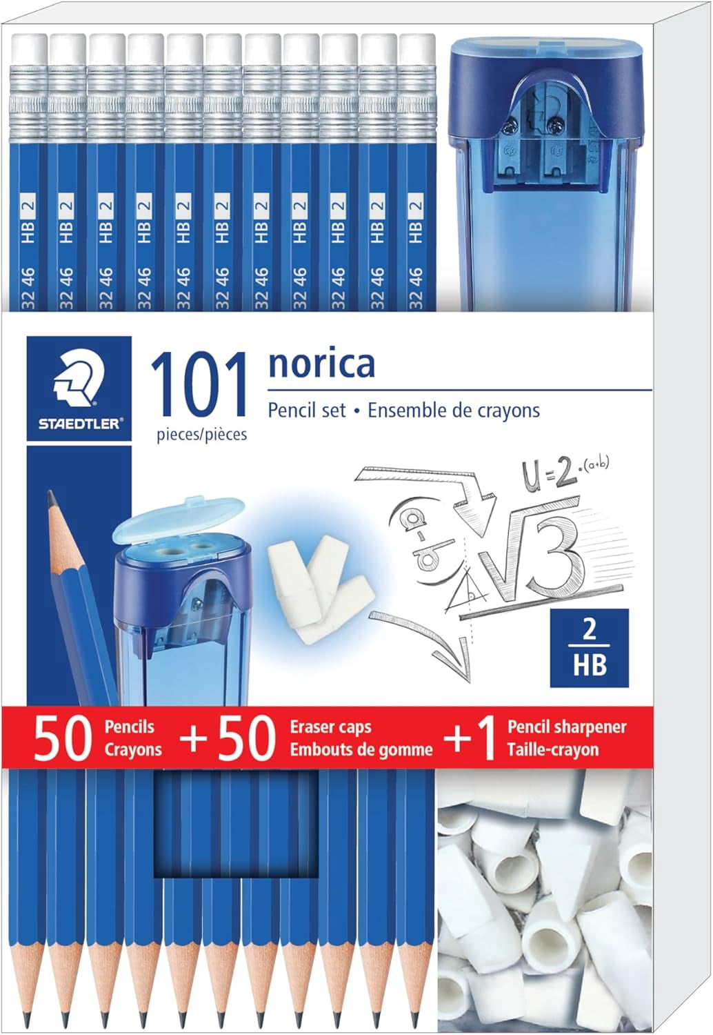 STAEDTLER Norica Pencil Set 24 Pack (24 sets of 101 pcs) - 50 Pre-sharpened #2 HB Pencils with 50 Eraser Caps & Double-Hole Sharpener, Break-Resistant Lead