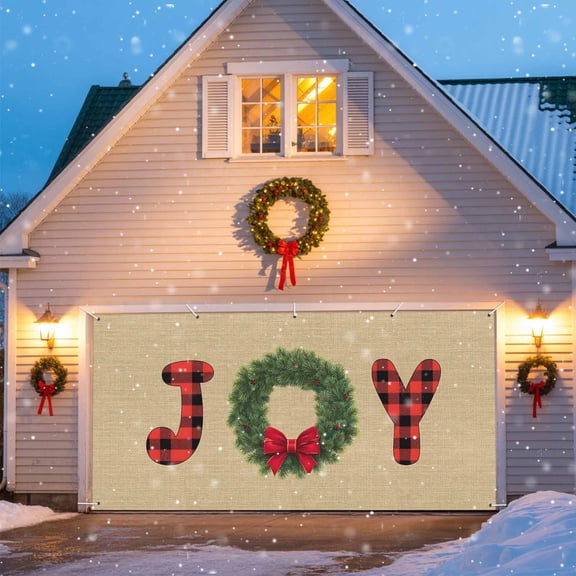 Pine Needles Wreath Christmas Garage Door Decorations, 6.9x8ft Garage Door Cover Banner with Grommets, Outdoor Garage Door Backdrop Mural for Holiday Party Wall Decor, Buffalo Plaid Texture Retro