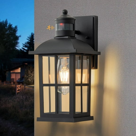 C Cattleya Matte Black Motion Sensor Outdoor Wall Lantern,Dusk to Dawn Exterior Light Fixture with Clear Glass