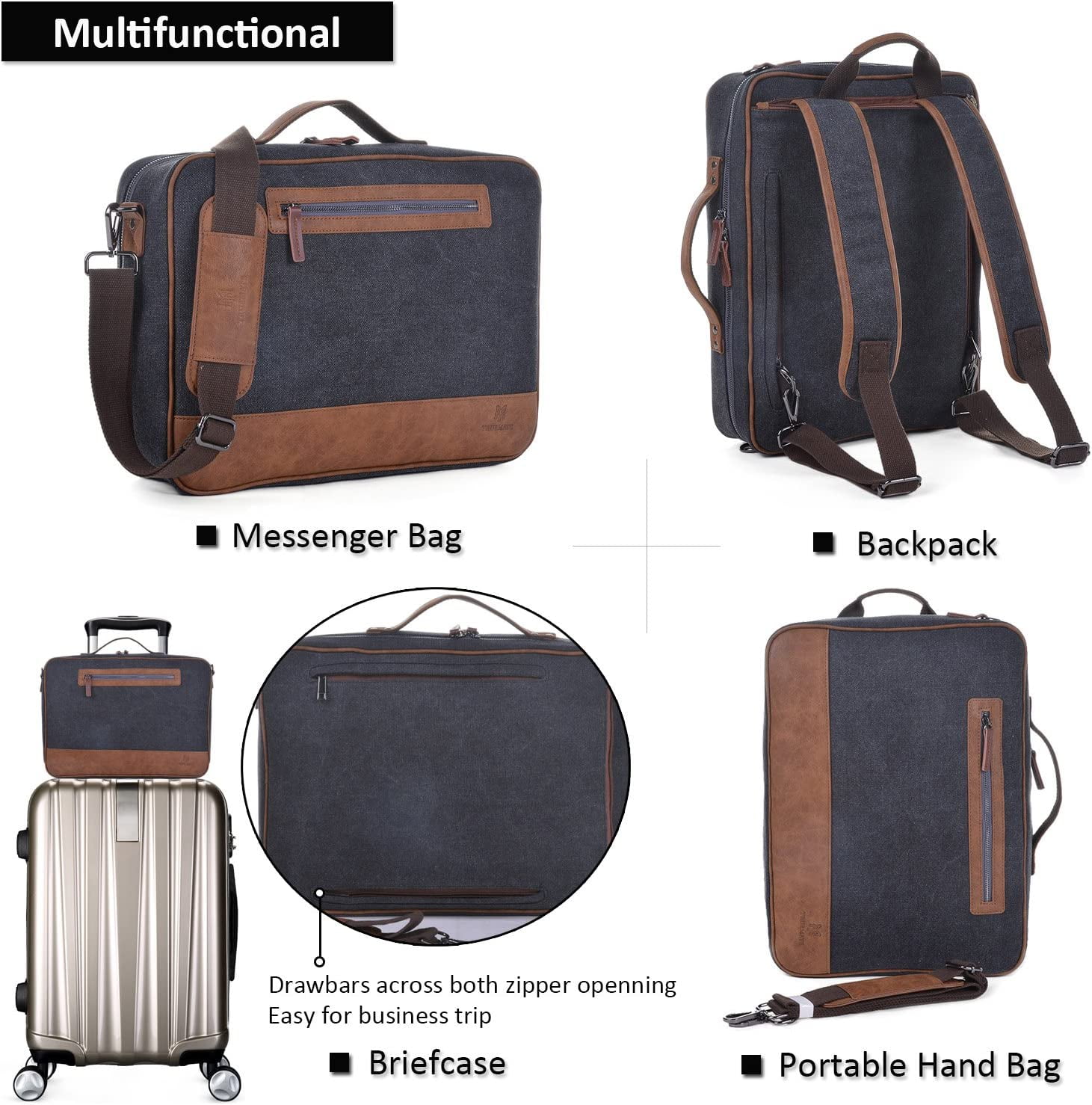 Laptop Briefcase Backpack Vintage Canvas Messenger Bag with Scratch Protection Lining Up to 15in (Black)