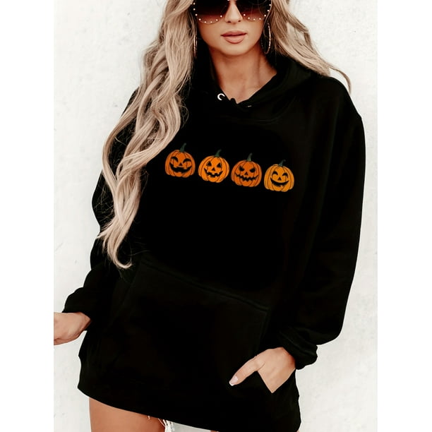 Halloween pumpkin print drawstring hoodie sudadera con capucha con cordon y bolsillo casual para invierno y otono ropa de mujer