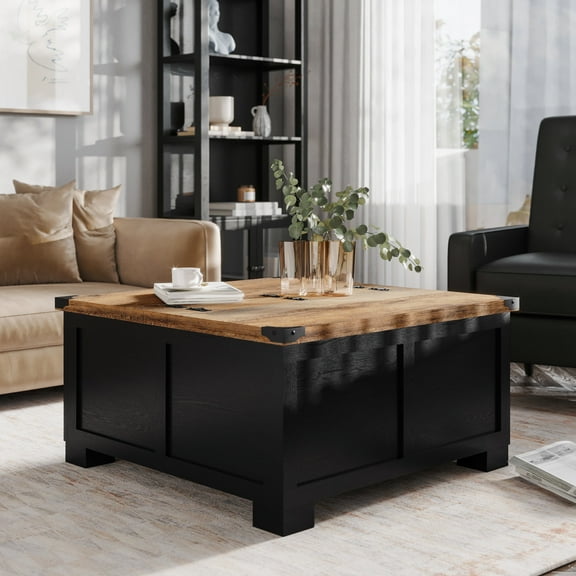 Emma   Oliver Farmhouse Coffee Table with Clamshell Style Hinged Table Top and Hidden Storage, Black Frame/Rustic Oak Top