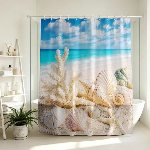 Beach Shower Curtain Coastal Ocean Sea Shells And Coral Waterproof Fabric Bath Curtain with Hooks 71x71 inches