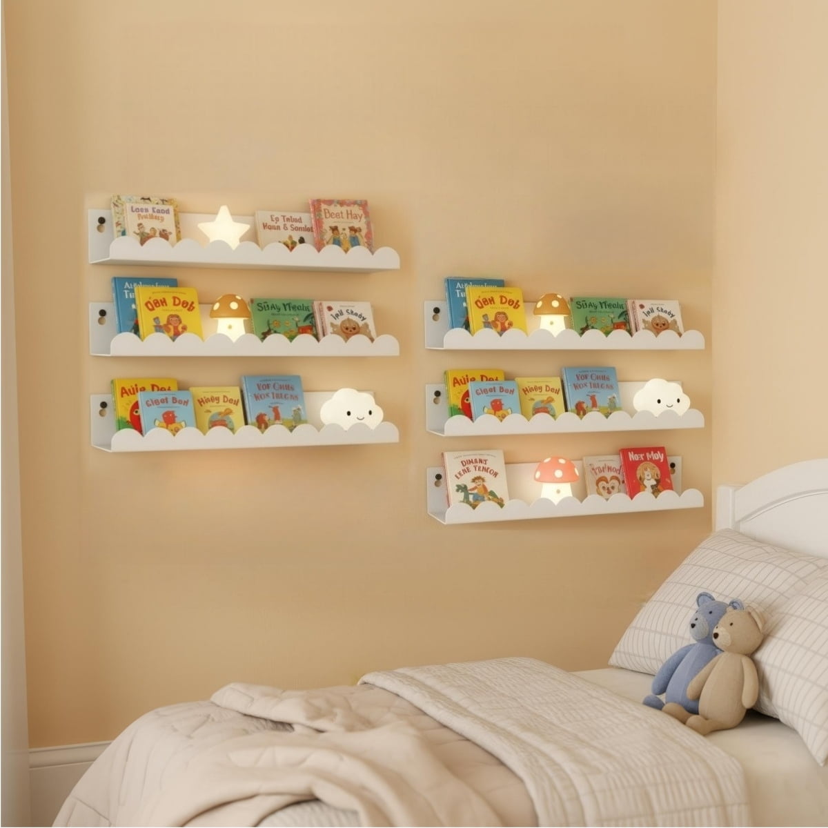 6-Piece White Nursery Book Shelves,  Metal Floating Shelves for Wall, 16 Inch Scalloped Book Shelf for Kids Room, Bathroom, Bedroom, Playroom Wall Decor(6 Count)