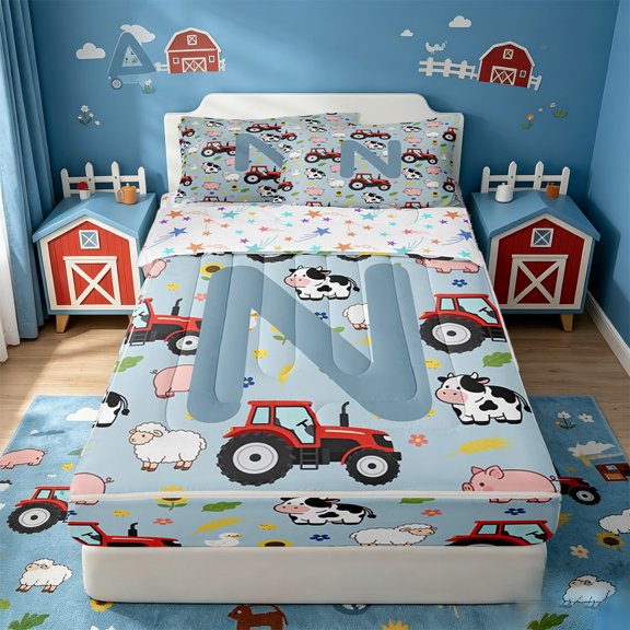 Catabedysis Farm Animals ABC Print N Zipper Twin Comforter Sets with Fitted Sheet and 2 Pillowcases For Boys,Personalized Monogrammed Gifts Zipper Bedding Set,Colorful Stars Reversible,4 Pieces