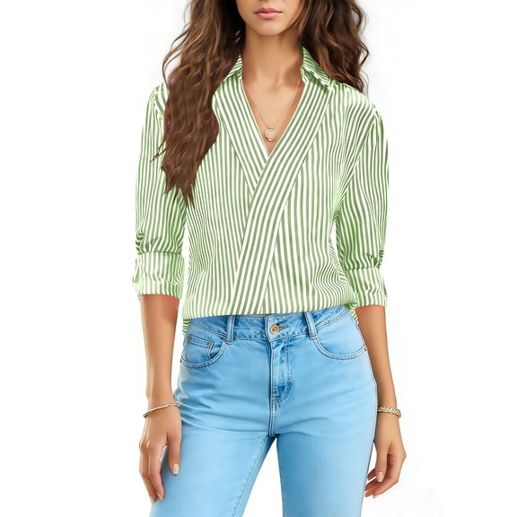 QNANSPI 3/4 Sleeve Shirts for Women, Womens Casual Blouses, Women's Stripe Print 3/4 Sleeve Blouse Button Down Collar Business Casual Office Wear Top