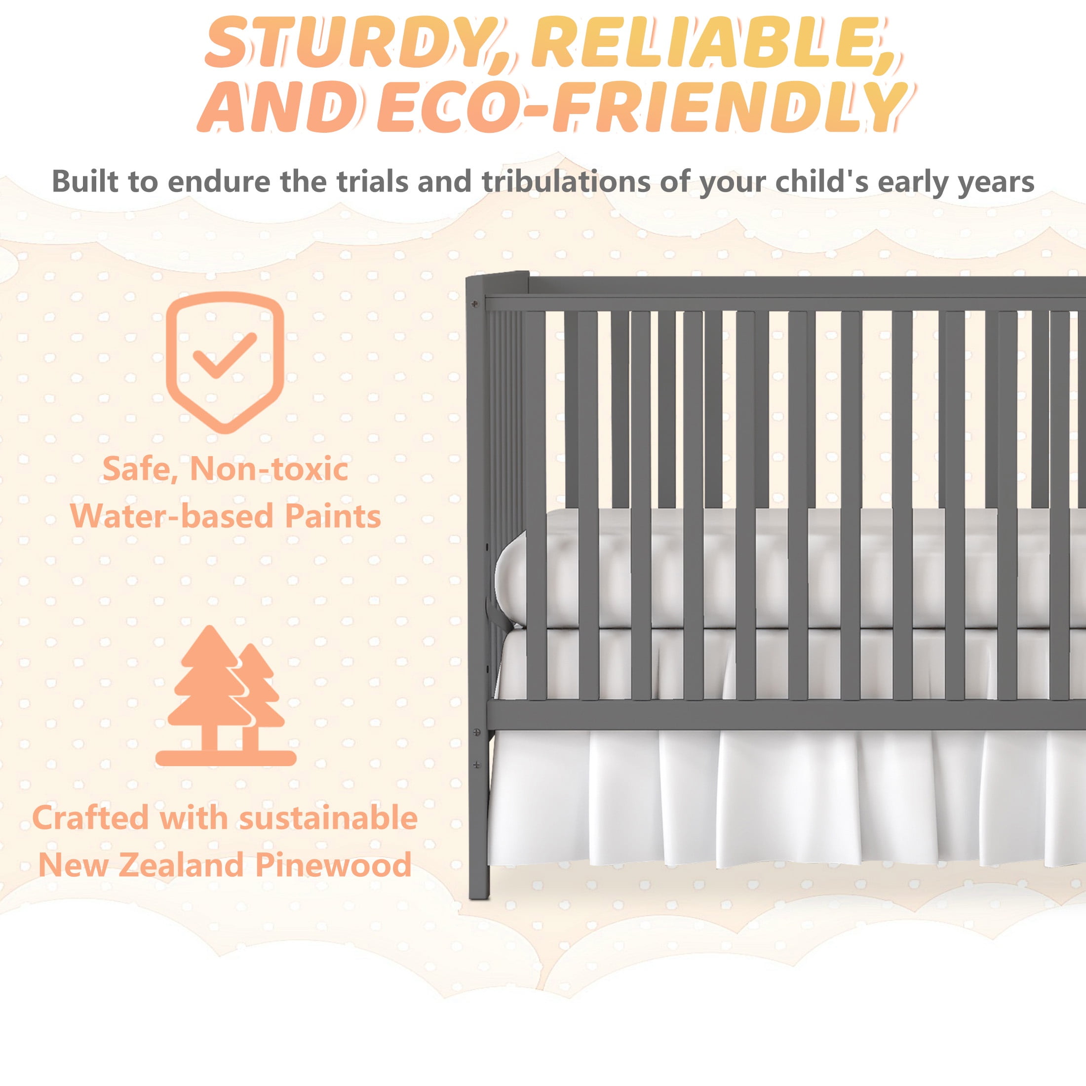 SESSLIFE 5-In-1 Convertible Crib, Gray Baby Bed, Converts from Baby Crib to Toddler Bed, Fits Standard Full-Size Crib Mattress(Not Included)