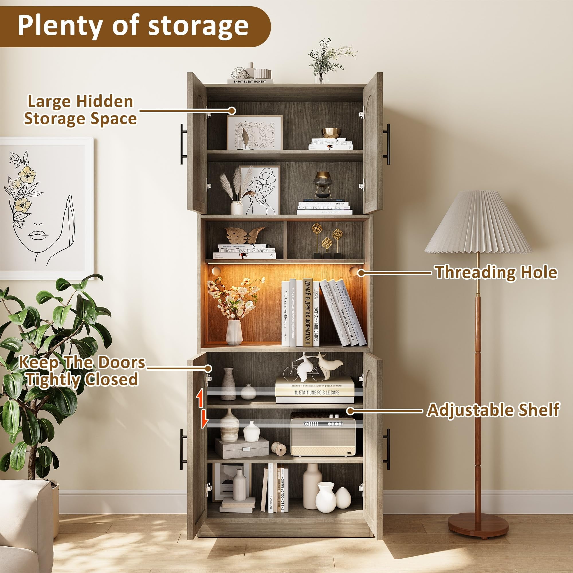 71" Tall Kitchen Storage Cabinets,Pantry Cabinet for Kitchen Storage with LED Light,Microwave Stand with Storage,Freestanding Kitchen Hutch,Kitchen Pantry Storage Cabinet with Microwave Shelf