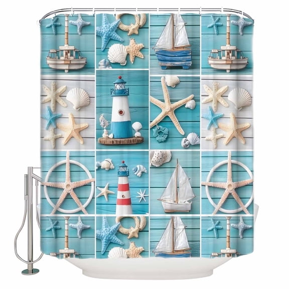 Nautical Beach Shower Curtains for Bathroom Waterproof Fabric Bath Curtains Decor Bath Tub Curtain Blue Coastal Starfish Lighthouse Starfish Decorative Shower Curtain Sets with 12 Hooks, 72x72 Inch