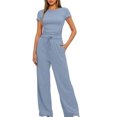 thumbnail image 2 of yievot 2 Piece Set Women Summer Going Out Outfits Slim Short Sleeve Shirts and Wide Leg Pants Loungewear Tracksuits, 2 of 7
