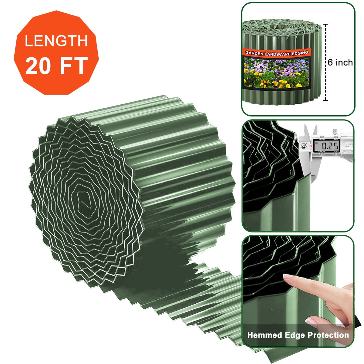 PUCACHI 20ft x 6in Olive-Green Corrugated Steel Garden Edging, Heavy Duty Galvanized Landscape Border, Rust Resistant No Dig Flexible for Lawn Flower Bed Yard