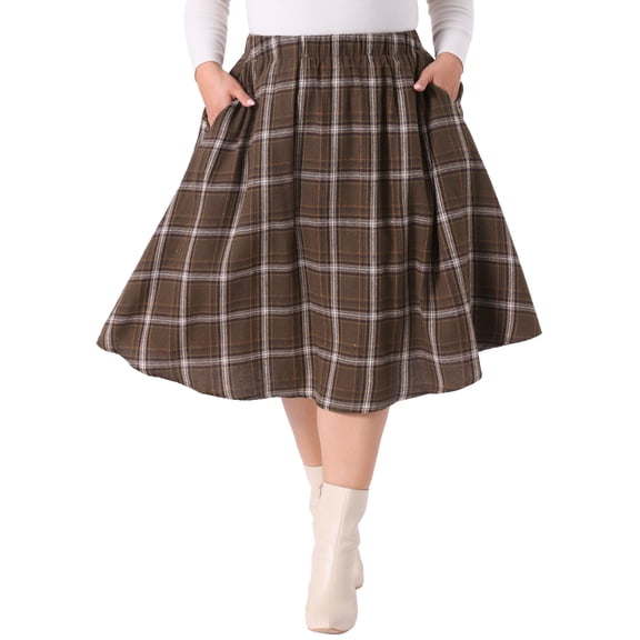 DARING DIVA Women's Plus Size A-line Plaid Printed Flare Midi Skirt 3X Brown