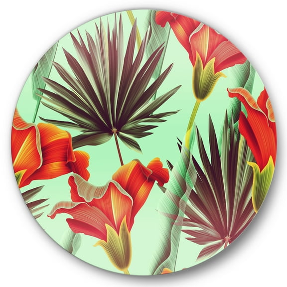 Designart 'VIntage Tropical Flowers VII' Traditional Circle Metal Wall Art 36x36 - Disc of 36