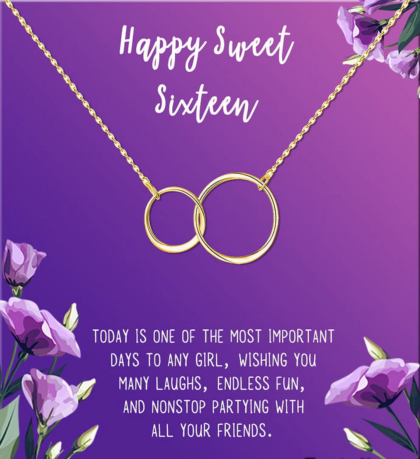 Anavia Happy Sweet Sixteen Necklace, 16th Birthday Card Gift, Daughter Birthday Present, Sweet 32 necklace for Girl-[Gold Infinity Double Ring,Royal Purple Gift Card]
