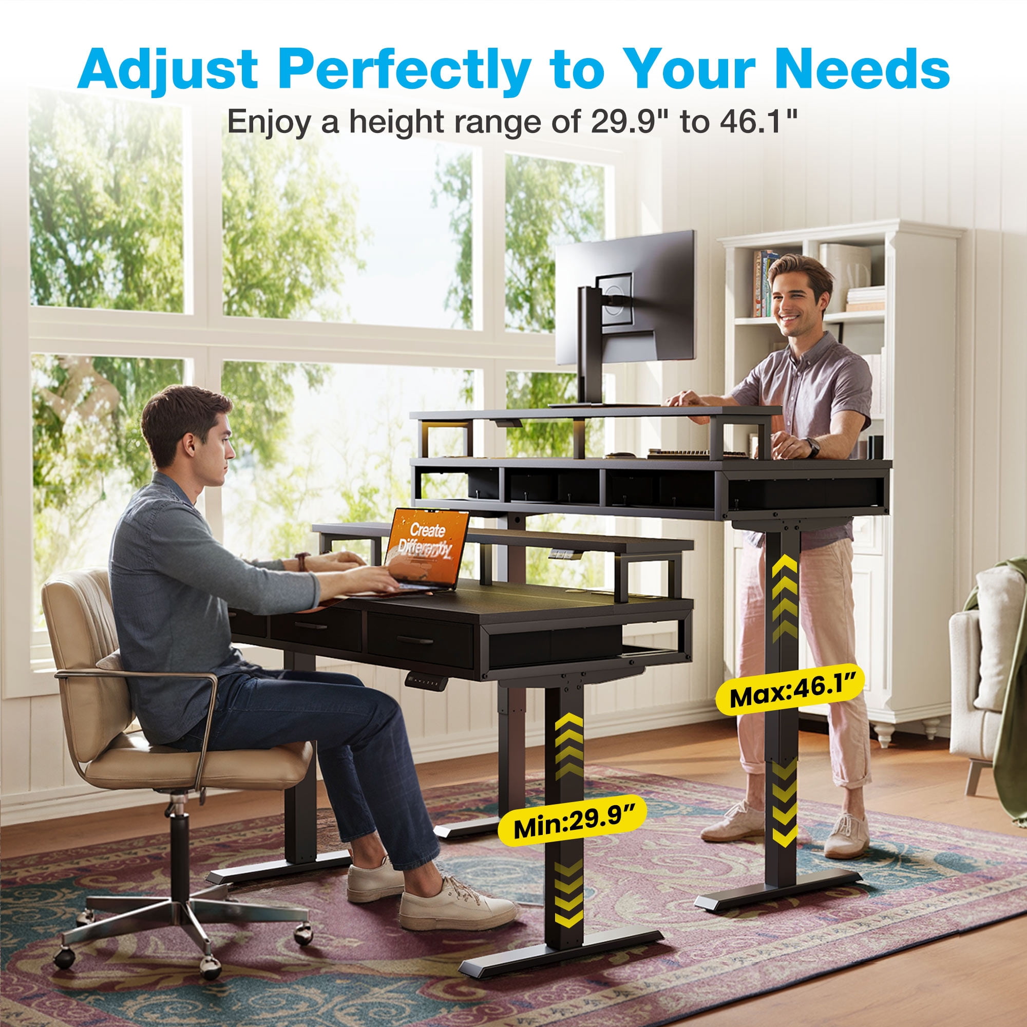 Casacomoda 55 inch Electric Standing Desk with Power Outlets and LED Lights, Adjustable Height Sit Stand Desk with Monitor Shelf & 3 Fabric Drawers for Home Office, Black