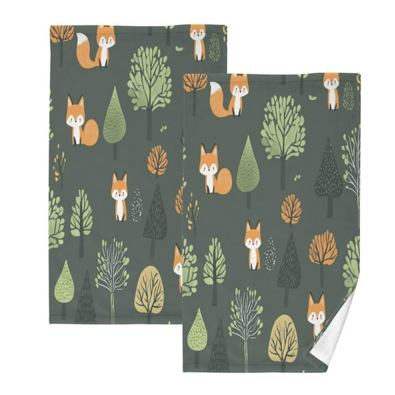 Foxes in The ForestTwo-piece Cotton Towel Set, Absorbent, Soft And Comfortable 16 x 28 in Rectangle, Printed on One Side, Versatile