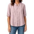 thumbnail image 4 of cocolona Womens Summer Linen Tops Dressy Casual Solid Color Blouses Short Sleeve Crew Neck Button Shirts with Pockets, 4 of 6