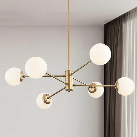 

US HOME GOODS 6-Light Sputnik Chandelier with Milk Glass Shades Gold Flush Mount Ceiling Light Fixture for Living&Dining Room Bedroom Modern Farmhouse Pendant Lighting for Kitchen Island Hallway