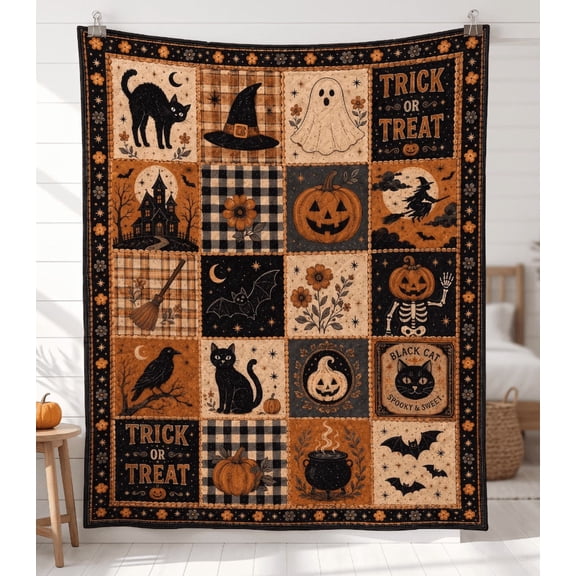 Halloween Quilt Blanket, Black Cat Ghost Pumpkin Throw, Spooky Bedding Decor Patchwork Blanket, Cozy Fall Halloween Home Decor
