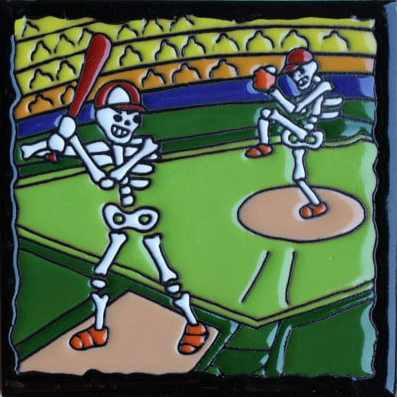 6x6 Base Ball. Day-Of-The-Dead Clay Tile