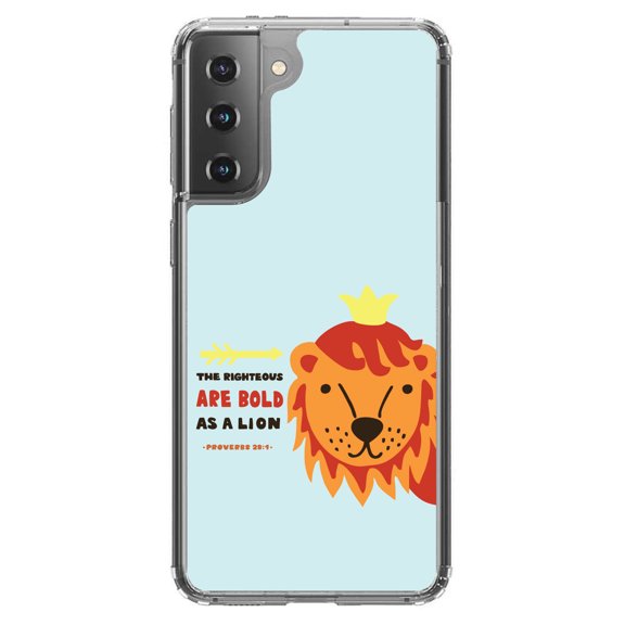 DistinctInk Clear Shockproof Hybrid Case for Galaxy S21 5G (6.2" Screen) - TPU Bumper, Acrylic Back, Tempered Glass Screen Protector - Proverbs 28:1 - The Righteous Are Bold As a Lion