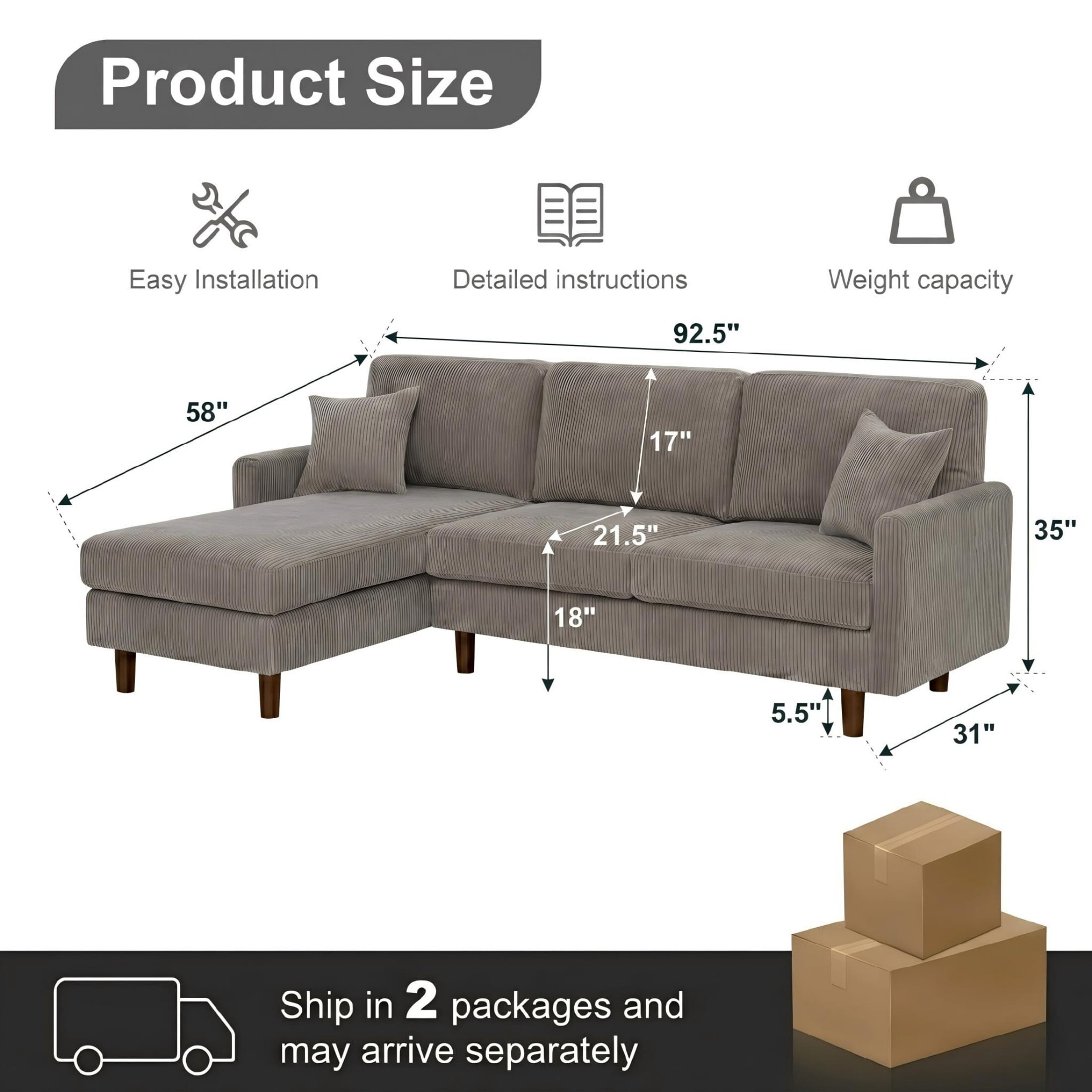 92.5" Light Gray Corduroy L-Shape Sectional Sofa with Chaise