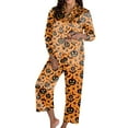 thumbnail image 2 of Halloween Pajamas Women Full Theme Printed Long Sleeve Pocket Button Down Lapel Shirts Loose Casual Pants Soft Fall Winter Nightwear Comfy Silk 2 Pc Loungewear Sets Woman Orange L, 2 of 6