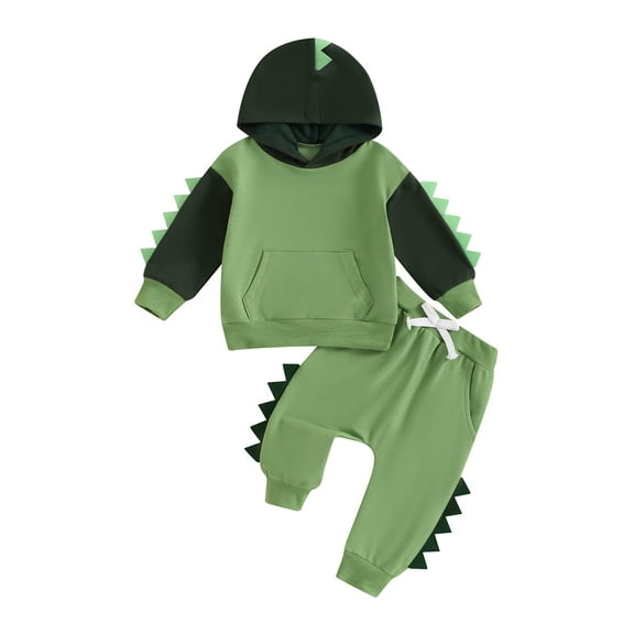 Toddler Baby Boy Fall Dinosaur Outfits, 6 12 18 24 Months 2T 3T 4T Contrast Color Long Sleeve Hoodie Elastic Waist Pants 2 Piece Clothing Set