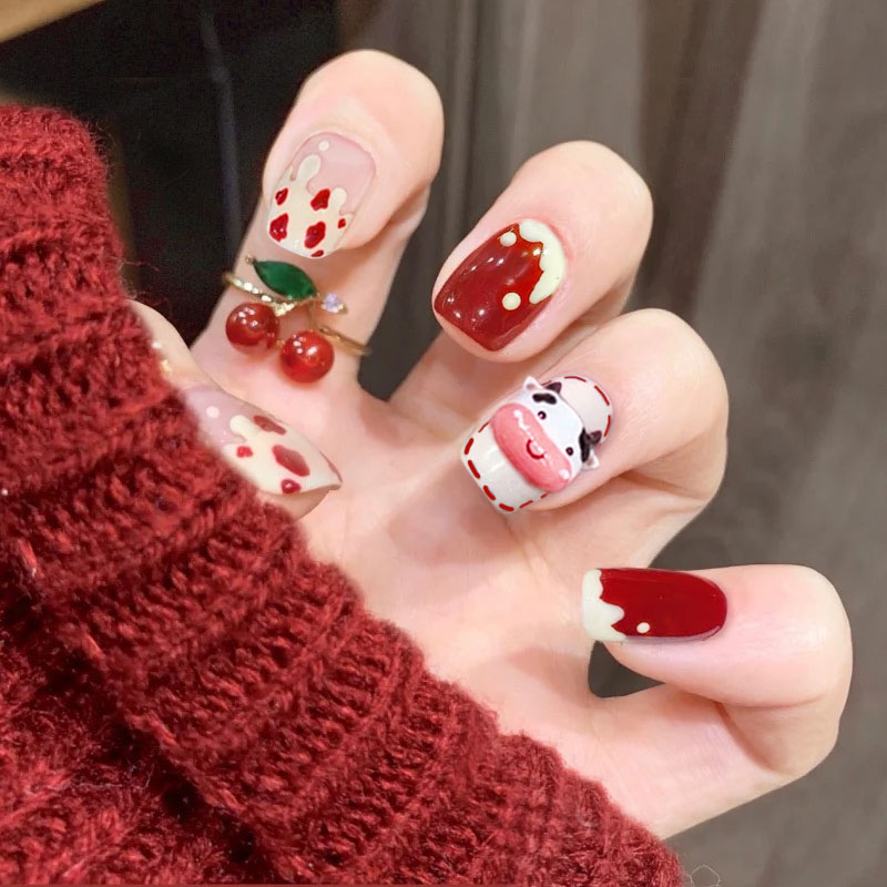 24pcs Red Cow Matte Wear Short Paragraph Fashion Manicure Patch False Nails Save Time Wearable Nail Patch Walmart Com