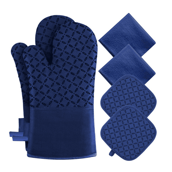 6 - Piece Thickened Oven Mitts & Pot Holders Set, 500℉ Heat - Resistant, Extra Long with Non - Slip Silicone Surface, Blue Kitchen Gloves for Cooking