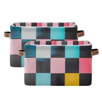 Yayeee 2 Pack Canvas Storage Basket with Handles for Shelves Fabric Bins Closet Organizer, Pink Checkered Pattern