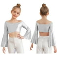 thumbnail image 5 of Miutii Kids Girls Disco Party Shirts Off-Shoulder Festival Rave Outfit Long Flared Sleeve Jazz Hip Hip Dance Crop Tops Silver 10, 5 of 7