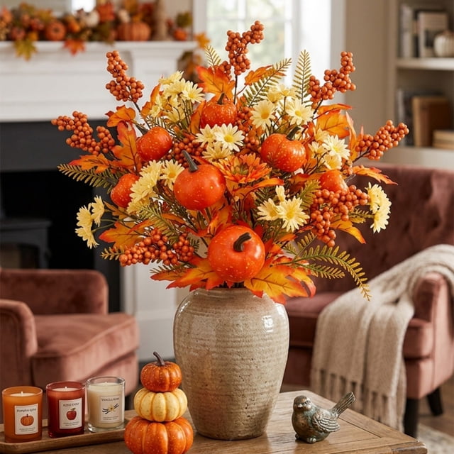 Fall Decor, 4Pcs 11.8 Inch Artificial Autumn Pumpkin Berry Maple Leaves Stems Picks Vase Decorations For Home Harvest Holiday Halloween Thanksgiving Table Centerpiece Indoor Decor