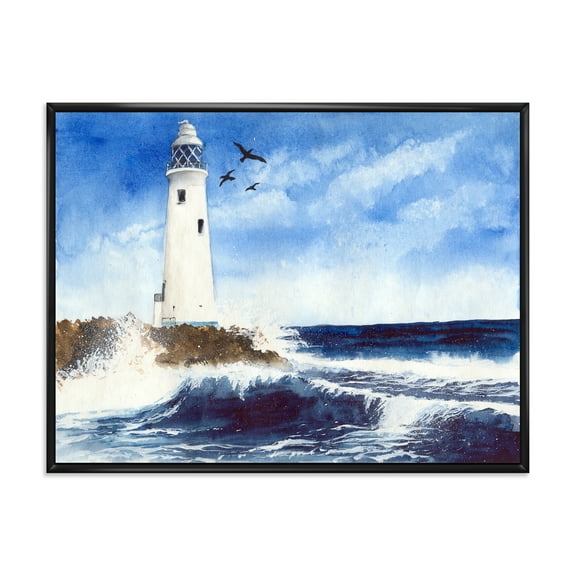 Designart 'Seagulls With Lighthouse On The Rocky Island' Nautical & Coastal Framed Canvas Wall Art Print