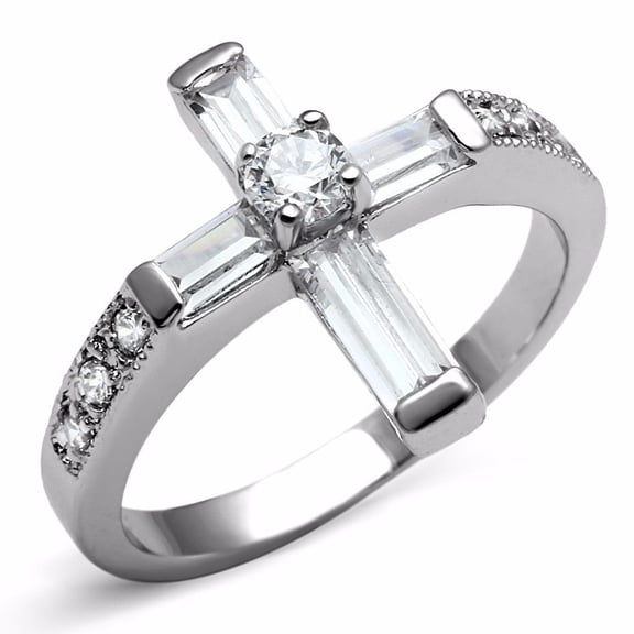 Christian Cross Ring, Baguette Cut Diamond Engagement Ring, Religious Diamond Ring, Solitaire With Accents Diamond Wedding Ring, 14K White Gold Plated, 1.9 Ct Simulated Diamond