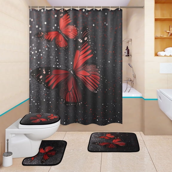 BZSMCE 4PCS Scarlet Symphony Shower Curtain Set Bathroom Decorative Set