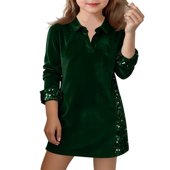 Xdegoge Velvet Long Sleeve Dress for Girls with Sequin Trim Holiday Party Wear Formal Outfit Kids Elegant Fashion Dress