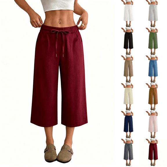 Capri Pants for Women 2026 Summer Petite Cotton Linen Casual Straight Drawstring Elastic Waist Cropped Trousers Wine S