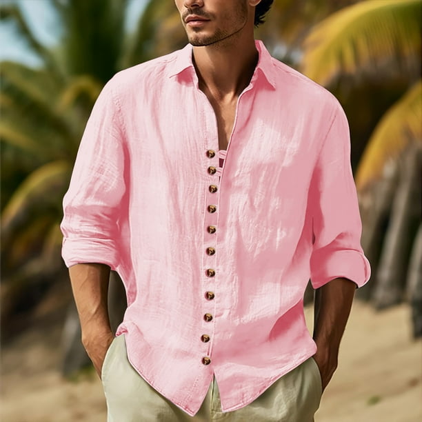 pstuiky mangas largas para hombre, Camisa de manga larga con cuello vuelto y botones sólidos para hombre top de hombre l