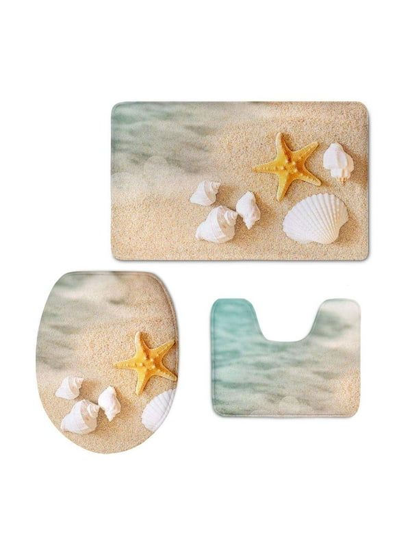 CHAPLLE Beach Sea Shell Starfish 3 Piece Bathroom Rugs Set Bath Rug Contour Mat and Toilet Lid Cover