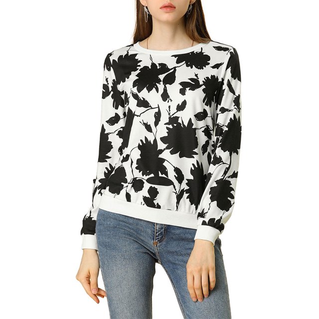 Allegra K Sudadera Casual Floral Cuello Redondo Blusa Top Estampado De Manga Larga Para Mujeres Blanco M Unique Bargains Blusa