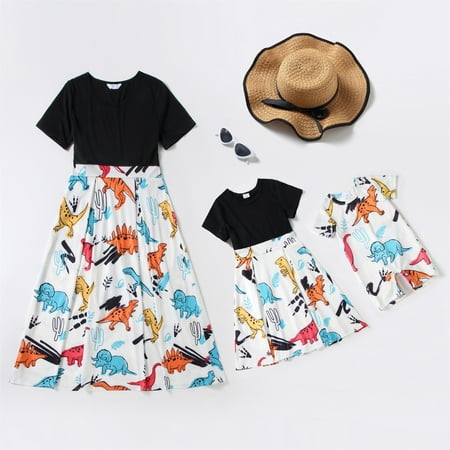 

Mommy and Me Dresses Casual T Shirt Dresses Dinosaurs Graphic Baby Rompers Summer Round Neck Short Slevee Dresses for Little Girls Women Matching Dresses