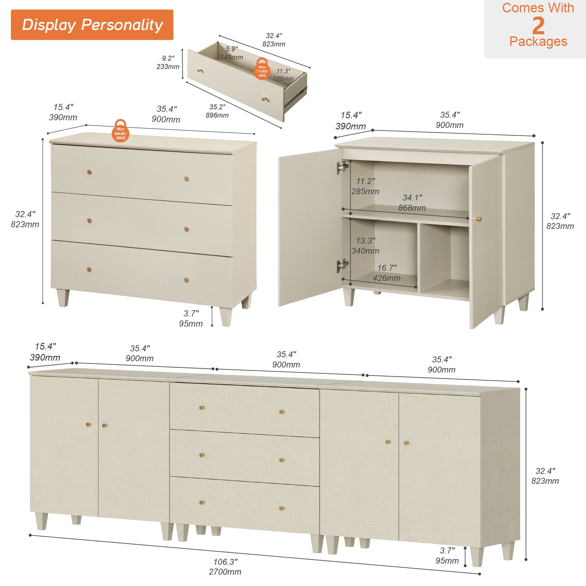 WAMPAT Wide TV Stand for 100+ Inches TVs, 3-in-1 Modern Wooden Media Console with 3 Spacious Drawers and 2 Storage Cabinets for Living Room, Beige
