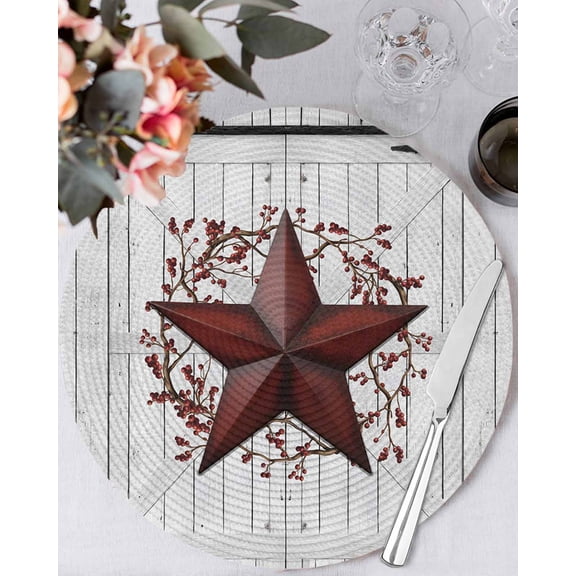 13 Inch Round Placemats Set of 6, Texas Star Retro Non Slip Heat Insulation PP Table Mats, Vintage Red Wooden Berry Washable Place Mats for Kitchen Dining Party Table Decor