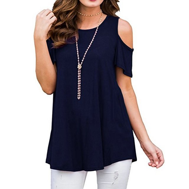 DYMADE Womens Cold Shoulder Soild Casual Tunic Blouse Tops