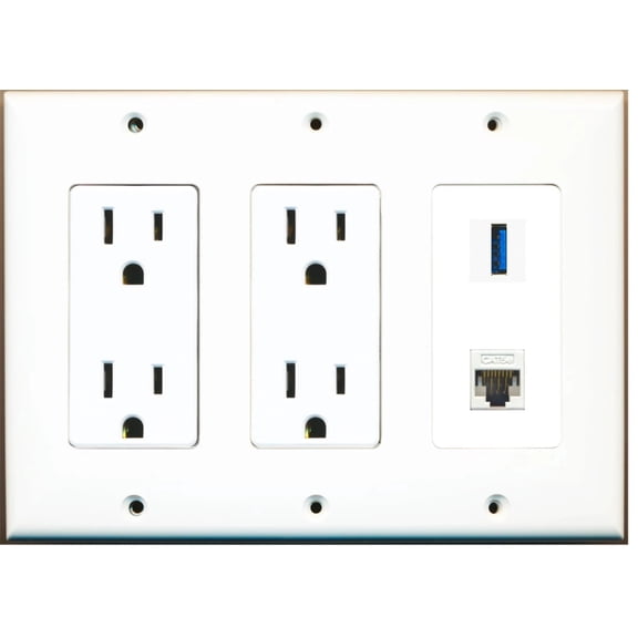 Ultra Spec Cables 1 Port USB 3.0 A-A Cat5e Ethernet Wall Plate w/Dual Power Outlet